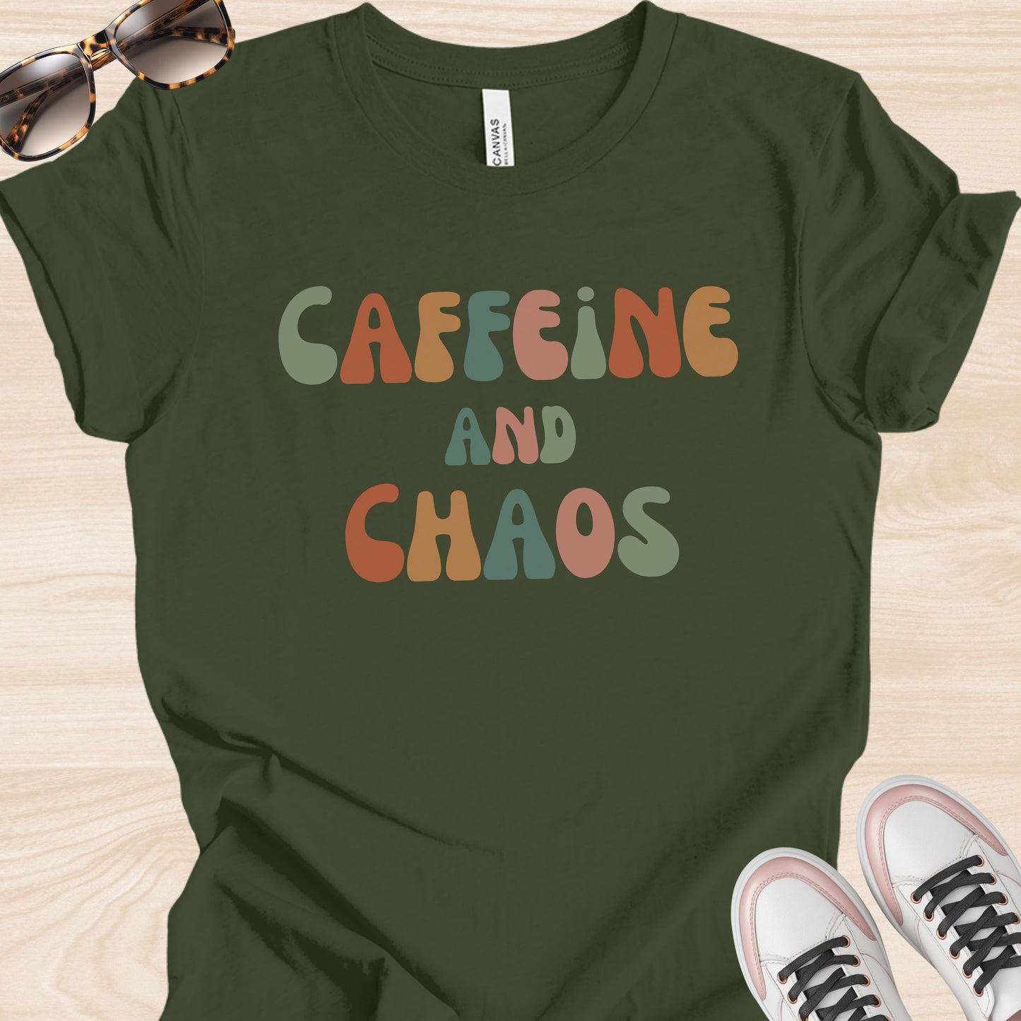 Caffeine and Chaos Colorful T-Shirt